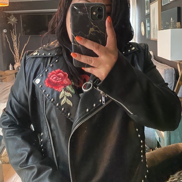 Justify Jackets & Blazers - NWT Embroidered Studded Faux Leather Moto Jacket